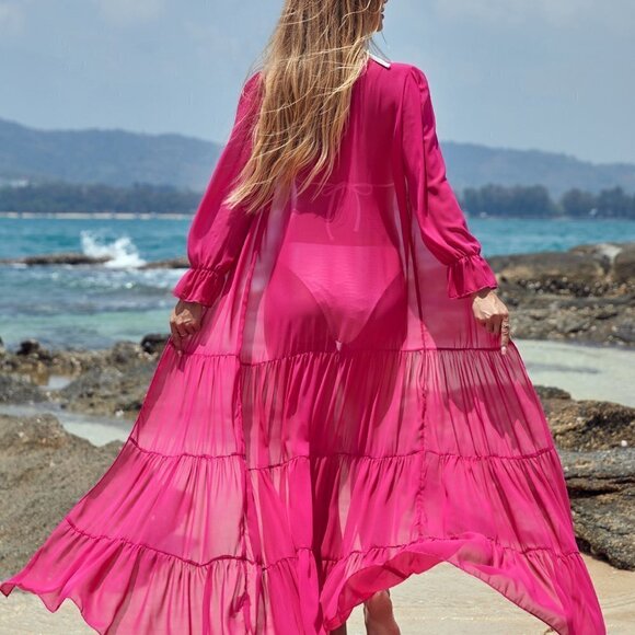 Pink Boho Womens Ruffle Hem Sheer Mesh Kimono - Picture 3 of 5
